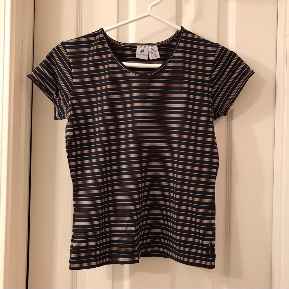 Vintage Y2K Armani Exchange navy and gold striped luxe tee - Picture 3 of 5